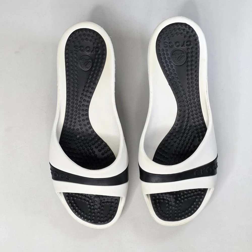 Crocs Sassari Wedge Sandals Women's Size 7 Black White Slides Slip On Shoes